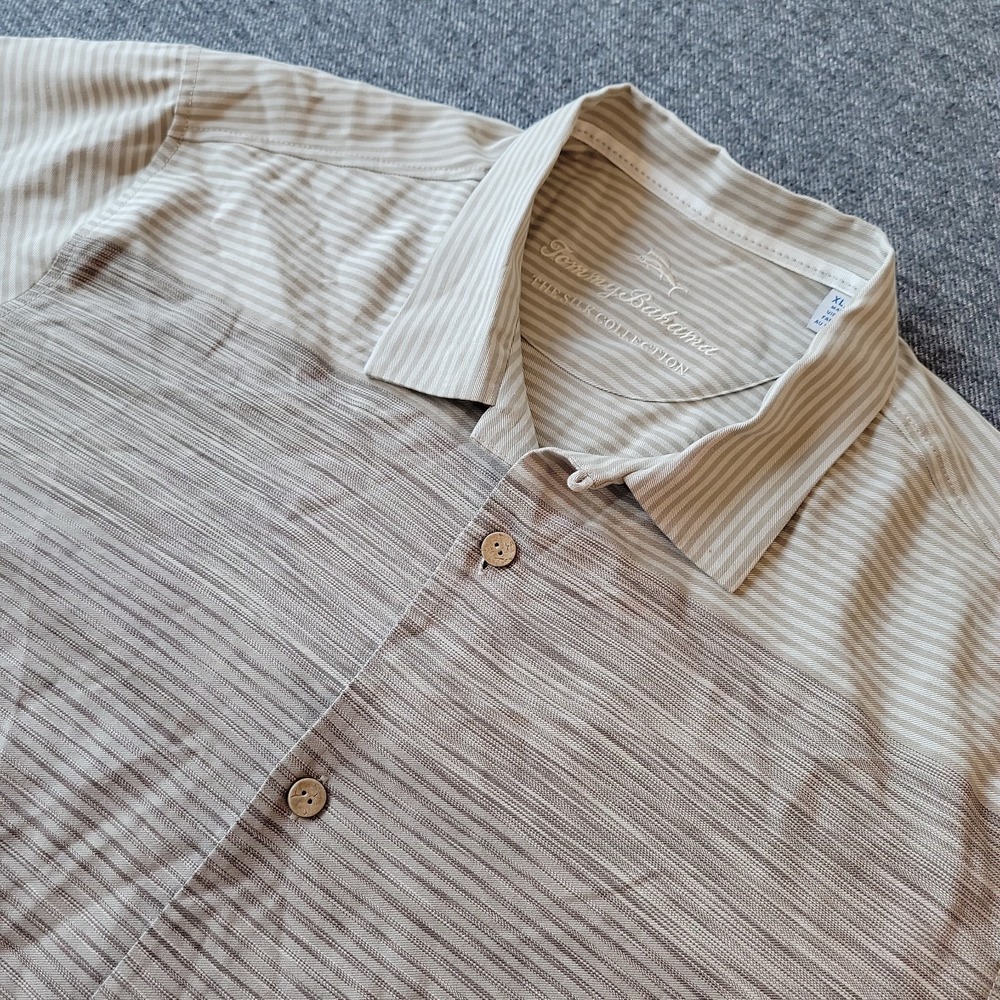 Tommy Bahama Shirt Men's XL Silk Collection Beige Striped Short Sleeve Button Up